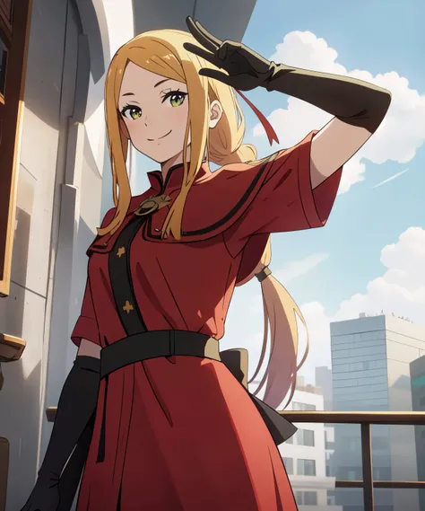 <lora:sanye_batch1:0.3>, <lora:PriscilaNai:0.9>, <lora:bocchi_style_offset:0.4>, 1girl, solo, blonde hair, long hair, green eyes, smile, arms up, upper body, close-up, looking at viewer, in the center, white_gloves, red dress, outdoors, sunlight, cloud, city lights, city, fantasy, <lora:add_detail:0>