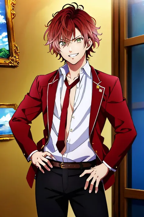 (masterpiece, best quality:1.2), <lyco:diaboliklovers_sakamaki-10:0.8>, cowboy shot, solo, male focus, 1boy, sakamaki ayato, grin, looking at viewer, hand on hip, red hair, open clothes, jacket, shirt, red necktie, black pants