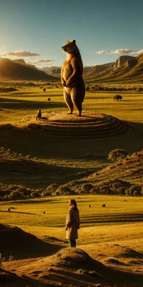 lush fields, natural lighting, best shadow, ((from behind, woman)) standing in awe, imaginative