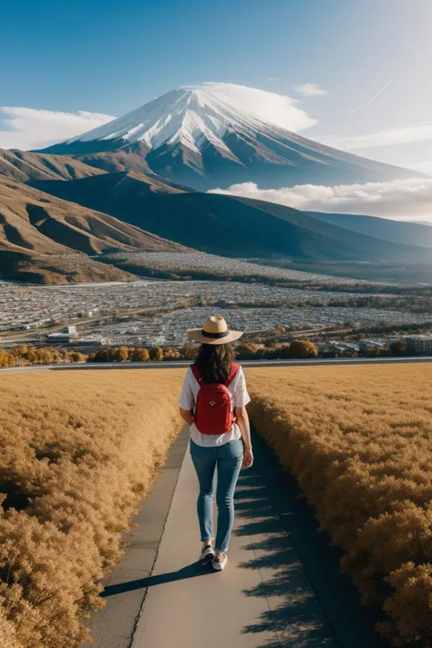 1girl, Dried Dire [Mount Fuji|Queenstown] from inside of a Megalopolis