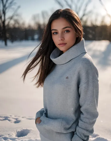 Beautiful girl wearing a thin athletic sweater, Side-swept hair, depth of field, morning in the snow,  (8k, RAW photo, best quality, depth of field, ultra high res:1.2), (intricate, photorealistic, masterpiece, ultra-detailed), dynamic lighting