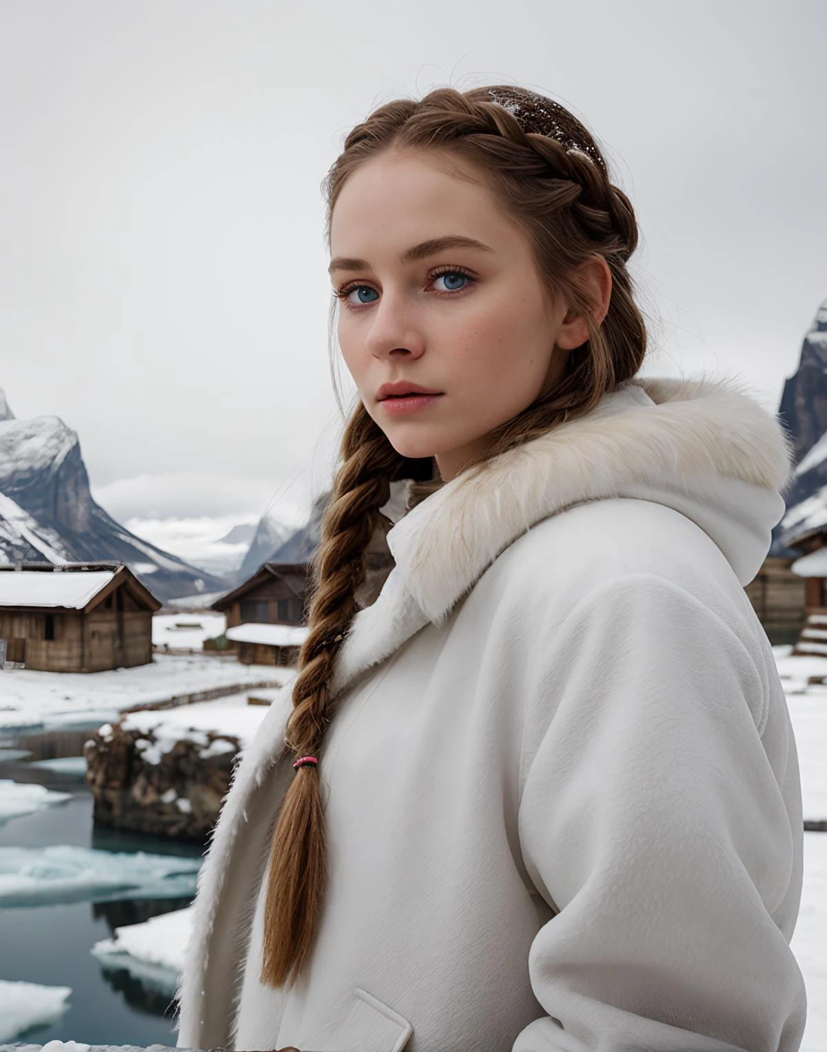 (medium full shot) of (gorgeous young female:1.1). Ice Age female standing. Pale skin, petite, Swedish ancestor. Braided hair. Looking away from viewer. Wearing oversized fur jacket. Cave woman. Perfect eyes, highly detailed beautiful expressive eyes, detailed eyes. Vast open view in the background, (snowy plains. glaciers, and tribal village:1.2). Cold, freeze, frozen tundra, mist, fog. 35mm photograph, film, professional, photorealistic, 8k, realistic.