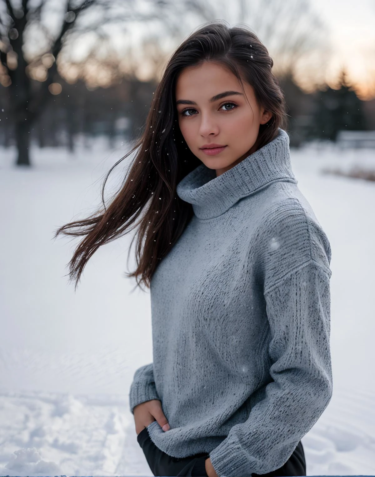 Beautiful girl wearing a thin athletic sweater, Side-swept hair, depth of field, morning in the snow, (8k, RAW photo, best quality, depth of field, ultra high res:1.2), (intricate, photorealistic, masterpiece, ultra-detailed), dynamic lighting