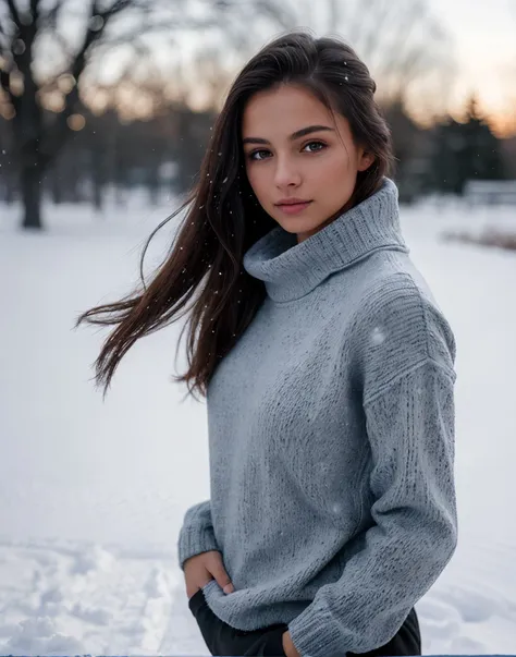 Beautiful girl wearing a thin athletic sweater, Side-swept hair, depth of field, morning in the snow,  (8k, RAW photo, best quality, depth of field, ultra high res:1.2), (intricate, photorealistic, masterpiece, ultra-detailed), dynamic lighting