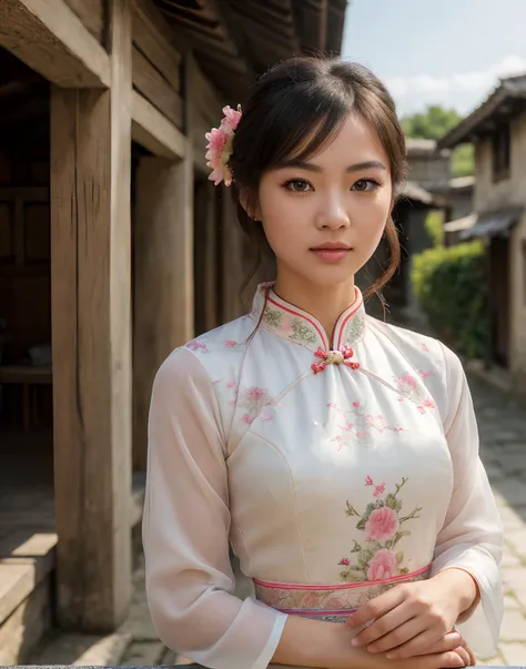 Upper Body Photo. Cute beautiful female. Standing in an old traditional village. Wearing pink cheongsam. Wispy Two-Tier Straight Hairstyle. Hair ornament. Light makeup. (detailed face, perfect face, perfect eyes, realistic eyes, expressive eyes). Looking at viewer. Outdoors. Perfect eyes, highly detailed beautiful expressive eyes, detailed eyes. Bright sunny day. (8k, RAW photo, best quality, depth of field, ultra high res:1.2), (intricate, photorealistic, masterpiece, ultra-detailed), dynamic lighting.