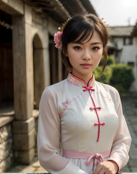 Upper Body Photo. Cute beautiful female. Standing in an old traditional village.  Wearing pink cheongsam. Wispy Two-Tier Straight Hairstyle. Hair ornament. Light makeup. (detailed face, perfect face, perfect eyes, realistic eyes, expressive eyes). Looking at viewer. Outdoors. Perfect eyes, highly detailed beautiful expressive eyes, detailed eyes. Bright sunny day. (8k, RAW photo, best quality, depth of field, ultra high res:1.2), (intricate, photorealistic, masterpiece, ultra-detailed), dynamic lighting.