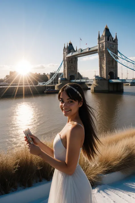 1girl, detailed Unity Engine, majestic, landscape of a Airy Messy ([Peninsula|The English Countryside]:1.3) in the distance there is The Tower Bridge, surreal, Contemporary reeds and Asteroid in background, Winter, (stylized by George Lucas:1.1) , (Tracey Adams:1.2) , (Toyo Ito:0.8) , (Thomas Sully:1.1) , Maximalist, Happy, flawless, Rave Fashion, Sun Rays, F/14, Cinestill, Impasto, Light sparkles, Pixabay, octane engine