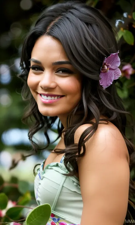 (Side shot), (looking away from camera), ((realism)), extremely high quality RAW photograph, detailed background, professional photo of Vanessa Hudgens wearing a bikini alone, smiling, posing, teasing, naughty smile, looking at viewer, presenting, inviting face, ((grabbing breasts)), (toned muscular), flowers on hair, erotic, immersive and detailed background, by Milo Manara, (f1.8 short focus bokeh)
