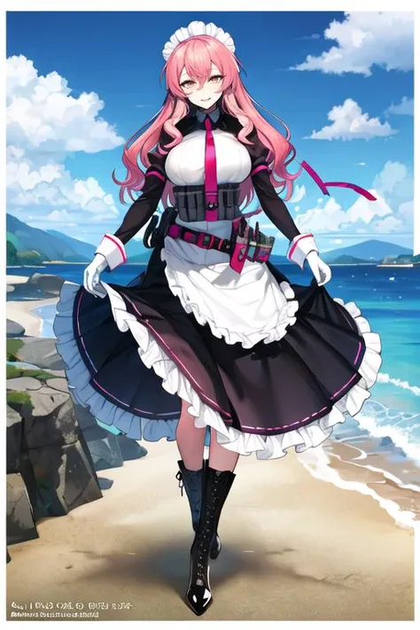 masterpiece, best quality, 8k, official art, cinematic light, ultra high res, <lora:Veronica_anythingv1:0.8> 1lady, mature female, pink hair, long hair, yellow eyes, detailed eyes, light smile, gloves, long sleeves, boots, frills, necktie, belt, white gloves, black footwear, apron, maid, maid headdress, belt pouch, tactical maid, beach, ocean, blue sky
