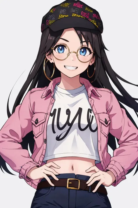 masterpiece, best quality, 1girl, solo, <lora:yuika-im-richy-v1:1> yuikapinkjacket, black headwear, glasses, round eyewear, hoop earrings, pink jacket, white shirt, midriff, navel, belt, short shorts, hands on hips, thighs, grin, looking at viewer,