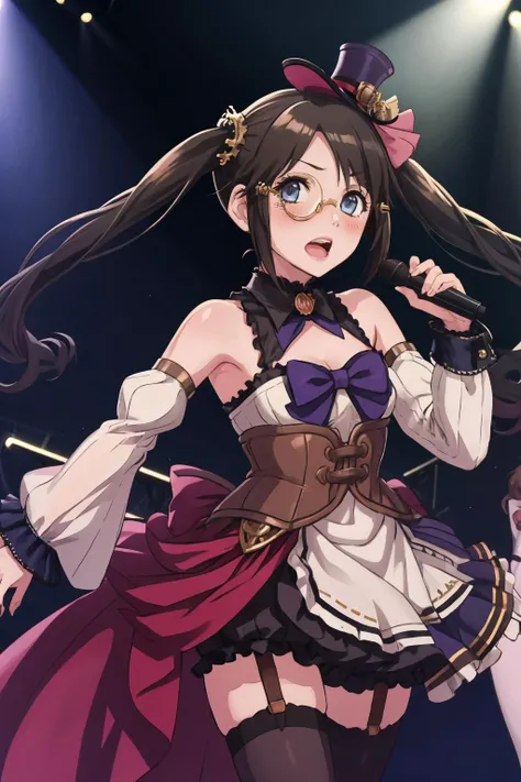 masterpiece, best quality, 1girl, solo, <lora:yuika-im-richy-v1:0.95> (yuikaperf:0.9), twintails, monocle, detached sleeves, mini hat, bow, detached collar, dress, garter straps, thighhighs, holding microphone, microphone, stage lights, singing, open mouth, looking at viewer, blush,