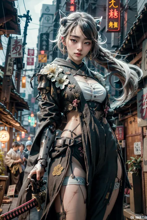 (realistic:1.3), finely detailed, quality, rembrandt lighting, (masterpiece:1.2), (photorealistic:1.2), (best quality), (detailed skin:1.3), (intricate details), dramatic, ray tracing, 1girl, japanese girl, 21 years old, detailed skin texture, (blush:0.5), (goosebumps:0.5), subsurface scattering, smiling, medium breasts, updo hair, bangs, hair between eyes, hair ornaments, samurai, cyborg, (kimono:1.1), (samurai armor:1.1), mecha, mechanical arms, mechanical parts, crouching, from below, (night sky, neon signs, futuristic, neotokyo, heavy rain, wet), <lora:Samurainiji:0.9>