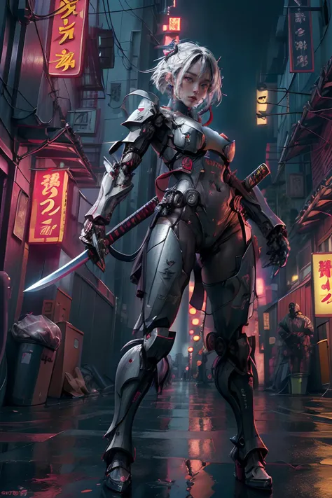 nijisamurai, (masterpiece, best quality:1.3), intricate, 8k, HDR, wallpaper, cinematic lighting, 1girl samurai, (universe), holding sword, no humans, glowing, armor, glowing eyes, full body shot, mecha, neon_lights, <lora:Samurainiji:0.7>, <lora:add_detail:1>, <lora:Neno:0.4>