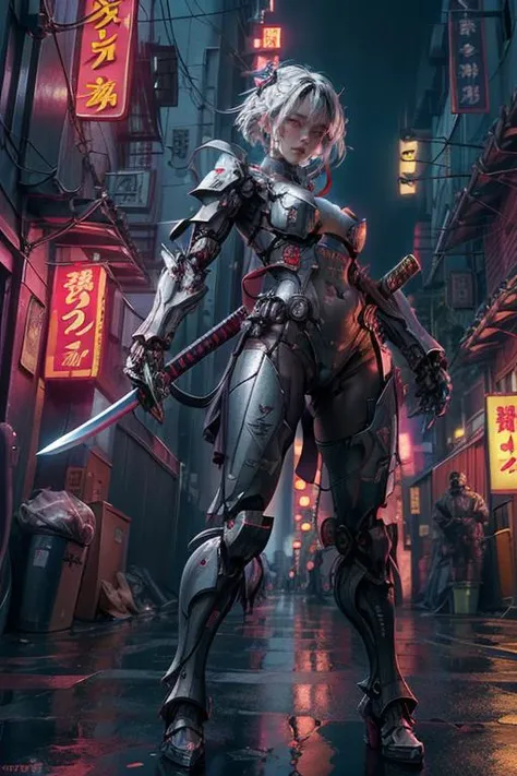 nijisamurai, (masterpiece, best quality:1.3), intricate, 8k, HDR, wallpaper, cinematic lighting, 1girl samurai, (universe), holding sword, no humans, glowing, armor, glowing eyes, full body shot, mecha, neon_lights, <lora:Samurainiji:0.7>, <lora:add_detail:1>, <lora:Neno:0.4>