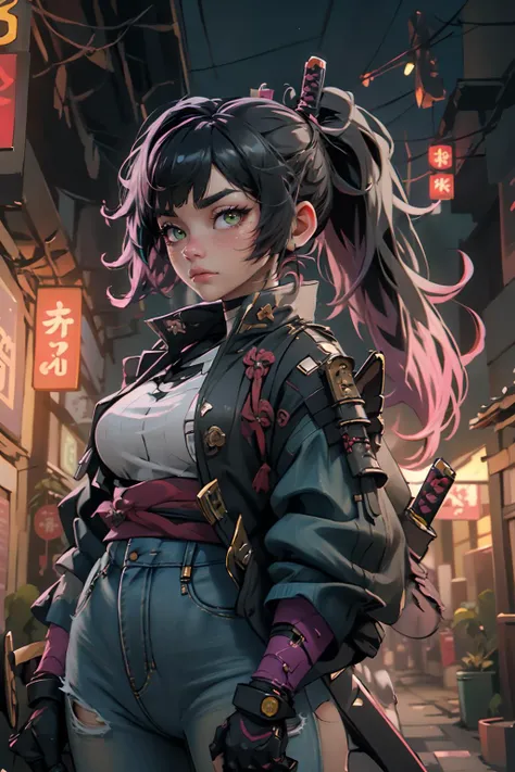 highres, masterpiece, perfect lighting, bloom, cinematic lighting, adult, female, looking at viewer, cowboy shot, (RSEEmma:1.5),<lora:RSERomantic_RSESofiko_RSEEmma-v1:0.3>,nijisamurai, samurai jacket, jeans, cyborg, <lora:Samuraibot:0.8> side-swept bangs, black hair, pink IncursioDipDyedHair, messy mid ponytail, green eyes, thick eyebrows, freckles, <lora:DipDyedHair:1>