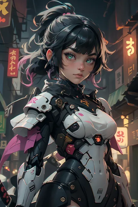 highres, masterpiece, perfect lighting, bloom, cinematic lighting, adult, female, looking at viewer, cowboy shot, (RSEEmma:1.5),<lora:RSERomantic_RSESofiko_RSEEmma-v1:0.3>,nijisamurai, glowing, armor, glowing eyes, mecha, <lora:Samuraibot:0.8> side-swept bangs, black hair, pink IncursioDipDyedHair, messy mid ponytail, green eyes, thick eyebrows, freckles, <lora:DipDyedHair:1>