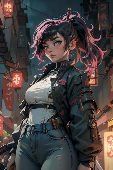 highres, masterpiece, perfect lighting, bloom, cinematic lighting, adult, female, looking at viewer, cowboy shot, (RSEEmma:1.5),<lora:RSERomantic_RSESofiko_RSEEmma-v1:0.3>,nijisamurai, samurai jacket, jeans, cyborg, <lora:Samuraibot:0.8> side-swept bangs, black hair, pink IncursioDipDyedHair, messy mid ponytail, green eyes, thick eyebrows, freckles, <lora:DipDyedHair:1>