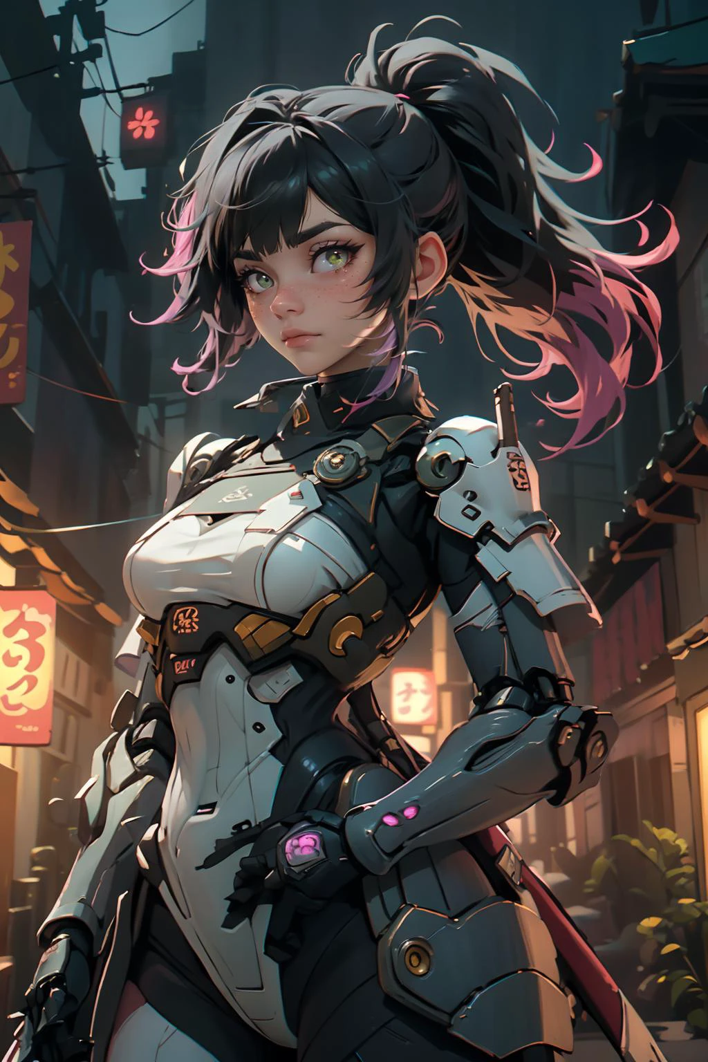 highres, masterpiece, perfect lighting, bloom, cinematic lighting, adult, female, looking at viewer, cowboy shot, (RSEEmma:1.5),<lora:RSERomantic_RSESofiko_RSEEmma-v1:0.3>,nijisamurai, glowing, armor, glowing eyes, mecha, <lora:Samuraibot:0.8> side-swept bangs, black hair, pink IncursioDipDyedHair, messy mid ponytail, green eyes, thick eyebrows, freckles, <lora:DipDyedHair:1>