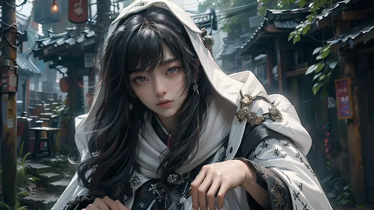 (masterpiece, best quality:1.3),extremely high detailed, wearing cloak, (white cloak:1.4), 8k, HDR, wallpaper, cinematic lighting, (universe), ), glowing eyes, <lora:绪å¿-æ°´ä¹¡èæ¯ traditional chinese landscape:0.4> traditional chinese landscape <lora:Samuraibot:0.8> samurai