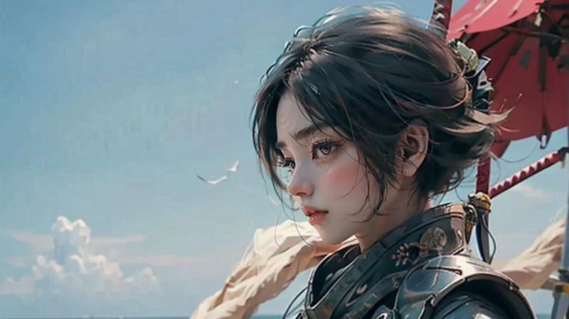 SAMURAI, armor, shorthair,white background,( sea:1.2). beach <lora:Samuraibot:0.7> <lora:wlop_offset:0.8> wlop