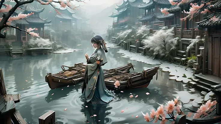 traditional chinese landscapemasterpiece, best quality,Peach blossoms, petals falling(wide shot, wide-angle lens,Panoramic:1.2),super vista, super wide AngleLow Angle shooting, super wide lens, 1girl, art direction of a character in traditional oriental costume, in the style of ethereal, ghostly figures, mist, i can't believe how beautiful this is, white and gray, swirling vortexes, ethereal cloudscapes, feminine sensibilities(from above:1.2),
 <lora:ç»ªå¿-æ°´ä¹¡èæ¯ traditional chinese landscape:0.8> traditional chinese landscape <lora:Samuraibot:0.8> samurai