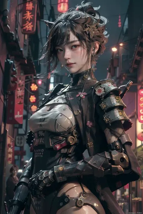 (realistic:1.3), finely detailed, quality, rembrandt lighting, (masterpiece:1.2), (photorealistic:1.2), (best quality), (detailed skin:1.3), (intricate details), dramatic, ray tracing, 1girl, japanese girl, 21 years old, detailed skin texture, (blush:0.5), (goosebumps:0.5), subsurface scattering, smiling, medium breasts, updo hair, bangs, hair between eyes, hair ornaments, samurai, cyborg, (kimono:1.1), (samurai armor:1.1), mecha, mechanical arms, mechanical parts, wariza, (night sky, neon signs, futuristic, neotokyo, heavy rain, wet), <lora:Samurainiji:0.9>