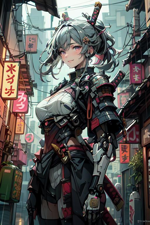 A woman in a black and white outfit holding a sword - SeaArt AI