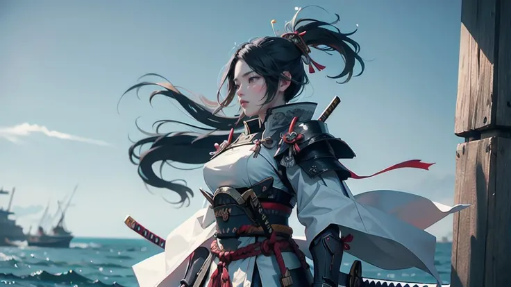 SAMURAI, armor, white background,( sea:1.2). beach <lora:Samuraibot:0.7>