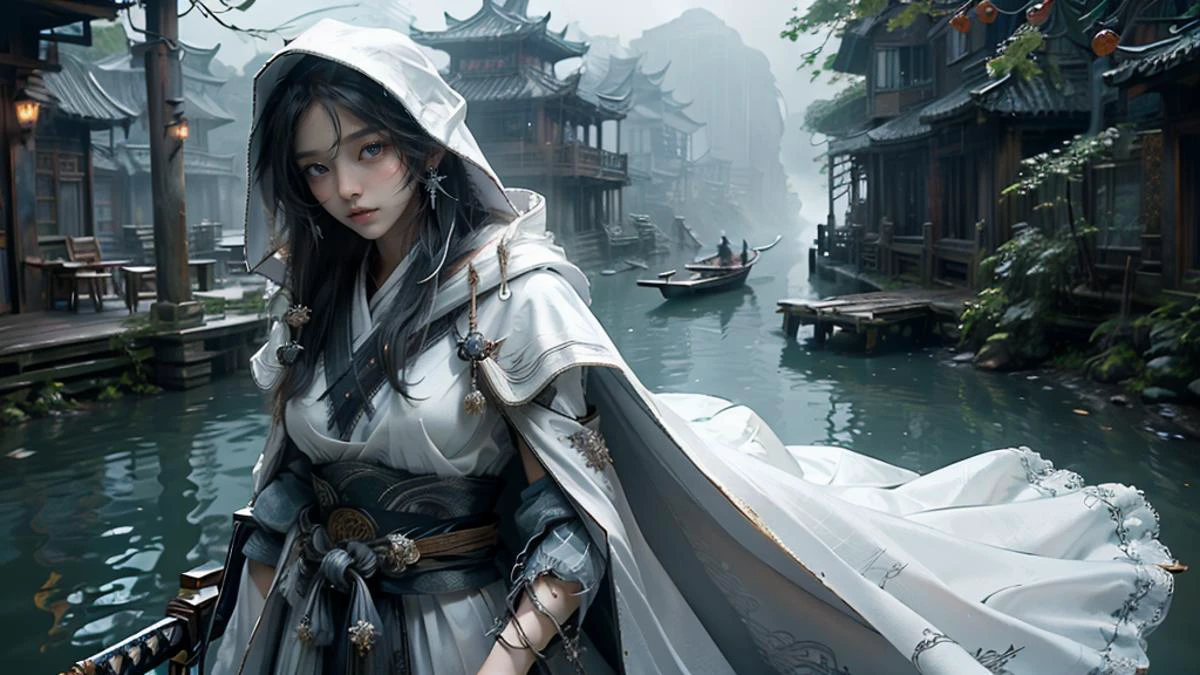 (masterpiece, best quality:1.3),extremely high detailed, wearing cloak, (white cloak:1.4), 8k, HDR, wallpaper, cinematic lighting, (universe), ), glowing eyes, <lora:绪å¿-æ°´ä¹¡èæ¯ traditional chinese landscape:0.7> traditional chinese landscape <lora:Samuraibot:0.6> samurai,white background,( sea:1.2).