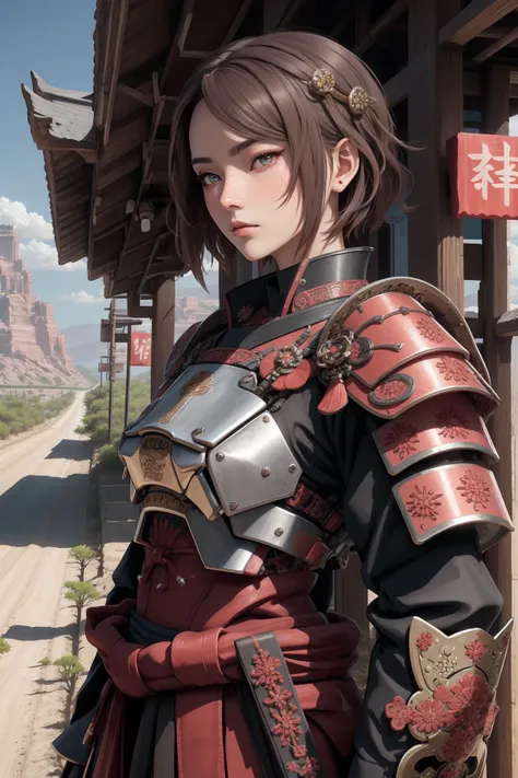 a beauty photo of a king-sized miko, 100mm, samurai, cyborg, intricate, armor, <lora:Samurainiji:0.65>, stunning, perfect face, coral eyes, brown hair, short hair, on a desert road,
