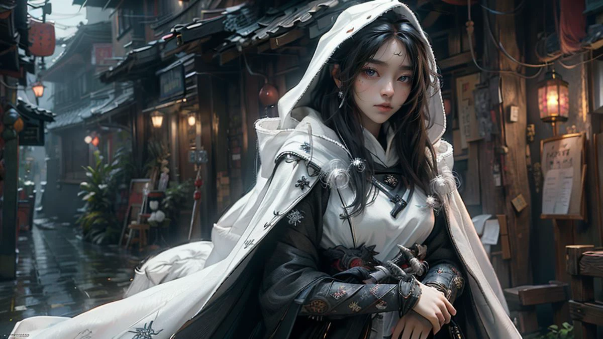 (masterpiece, best quality:1.3),extremely high detailed, wearing cloak, (white cloak:1.4), 8k, HDR, wallpaper, cinematic lighting, (universe), ), glowing eyes, <lora:绪å¿-æ°´ä¹¡èæ¯ traditional chinese landscape:0.4> traditional chinese landscape <lora:Samuraibot:0.8> samurai,white background