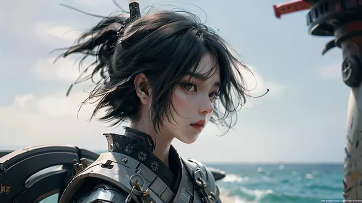 SAMURAI, armor, shorthair,white background,( sea:1.2). beach <lora:Samuraibot:0.7> <lora:wlop_offset:0.8> wlop