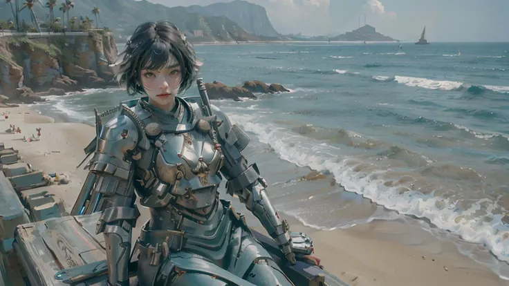 SAMURAI, short hair,(masterpiece, best quality:1.3),armor, white background,( sea:1.5). beach <lora:Samuraibot:0.8> <lora:wlop_offset:1.0> wlop,wholebody,sit