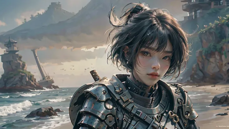 SAMURAI, one girl,armor,shorthair, white background,( sea:1.2). beach <lora:Samuraibot:0.7> <lora:wlop_offset:1.0> wlop