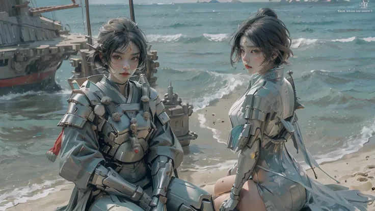 SAMURAI, short hair,(masterpiece, best quality:1.3),armor, white background,( sea:1.5). beach <lora:Samuraibot:0.8> <lora:wlop_offset:1.0> wlop,sit