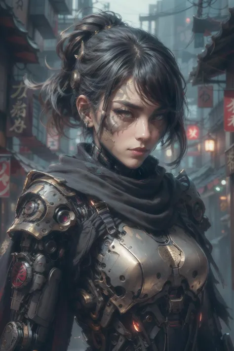 (A woman in armor,Perfect face,Delicate face,Delicate makeup),(Delicate mechanical eye prosthesis(Glowing gold eyes)),
((Masterpiece, best quality,edgQuality)),extremely high detailed, intricate, 8k, HDR,
edgBerserker,woman ,wearing edgBerserker_armor,,shoulder armor,torn cape,
Fine armor(art,Reflective armor,Reflective materia,Black ceramics),
SAMURAI ,cyborg, SMOOTH,SCIFI, <lora:ShinobiTech-20:0.7> ,SHINOBITECH,SCIFI,SHINOBI,BULKY METAL,CYBERPUNK,NEON LIGHTS, <lora:Samuraibot:0.6>, <lora:more_details:0.5> ,<lora:æ³å
:0.5>,