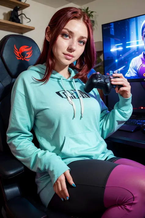 pureruby, a woman wearing hoodie and leggings, playing video games <lora:pureruby:0.8>