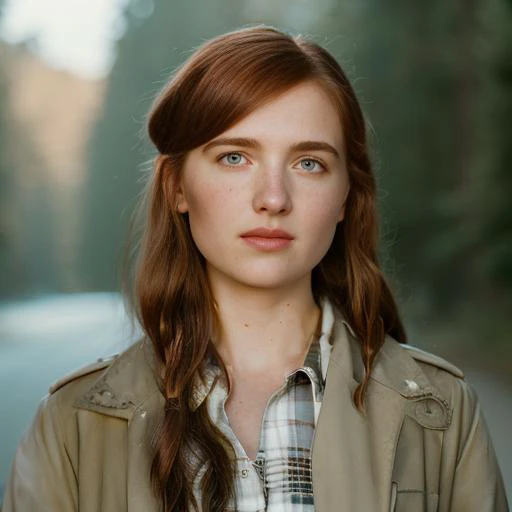analog style portrait of GITSEllie, Photo, (sharp focus:1.2), attractive young woman, (beautiful face:1.1), detailed eyes, (smile:0.7), (body freckles:0.9), (medium breasts:0.8), (toned body:1.2), shiny (brown hair:1.1), depth of field. 4K, HDR.