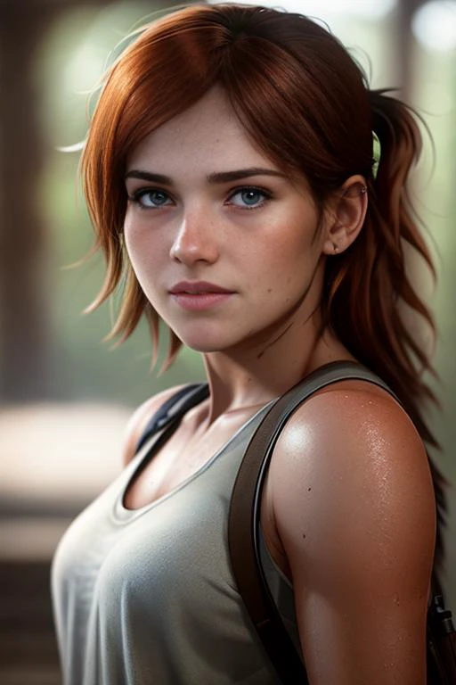 portrait of GITSEllie, Photo, (sharp focus:1.2), attractive young woman, 18 years old , (beautiful face:1.1), detailed eyes, (smile:0.7), (face freckles:0.9), (small breasts:0.8), (toned body:1.2), shiny (brown hair:1.1), depth of field. 4K, HDR. by (Jeremy Lipking:1.1). Scar on right eyebrow