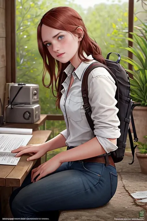 portrait of GITSEllie, Photo, (sharp focus:1.2), attractive young woman, 18 years old , shirt, (beautiful face:1.1), detailed eyes, (smile:0.7), (face freckles:0.9), (small breasts:0.8), (toned body:1.2), shiny (brown hair:1.1), depth of field. 4K, HDR. by ({James C. Christensen:1.2|Jeremy Lipking:1.1|Rankin})., postapocalypse