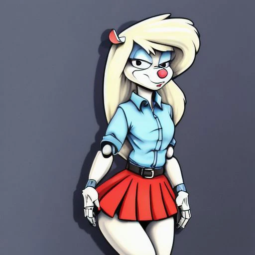 Minerva Mink (Animaniacs), <lora:SxDol-18:1>, SxDol, wide hips, (no pupils), !?, doll_joints, joints, o_o, skirt, tied shirt, best quality, masterpiece, highres
