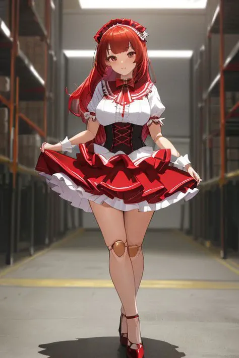 ((masterpiece, best quality, high res, 4k)) beautiful face, detailed face, ultra-detailed, warehouse, (SxDol, wide hips, (no pupils), !?, doll_joints, joints) 1 girl, full body, solo, Emma Barnes from web serial Worm, (red hair), brown eyes, (red frilly magical girl dress, layered skirt, showgirl skirt, high heels), massive breasts,