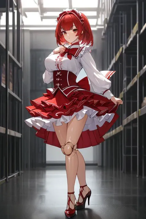 ((masterpiece, best quality, high res, 4k)) beautiful face, detailed face, ultra-detailed, warehouse, (SxDol, wide hips, (no pupils), !?, doll_joints, joints) 1 girl, full body, solo, Emma Barnes from web serial Worm, (red hair), brown eyes, (red frilly magical girl dress, layered skirt, showgirl skirt, high heels), massive breasts,