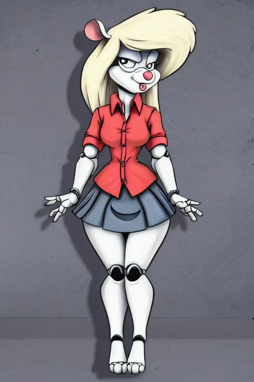 Minerva Mink (Animaniacs), <lora:SxDol-18:1>, SxDol, wide hips, (no pupils), !?, doll_joints, joints, o_o, skirt, tied shirt, best quality, masterpiece, highres