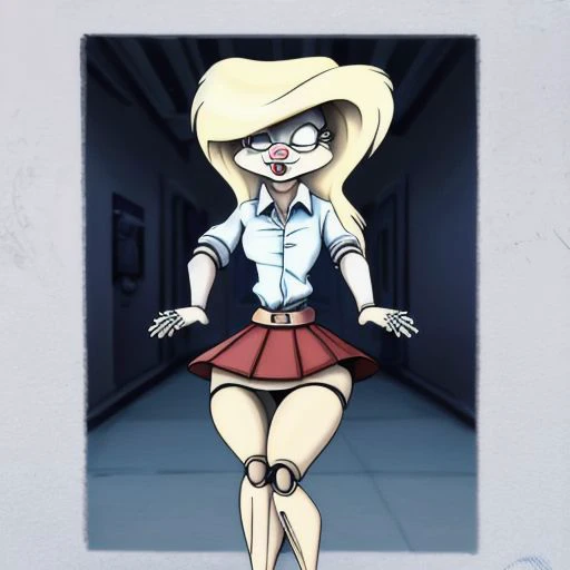 Minerva Mink (Animaniacs), <lora:SxDol-18:1>, SxDol, wide hips, (no pupils), !?, doll_joints, joints, o_o, skirt, tied shirt, best quality, masterpiece, highres