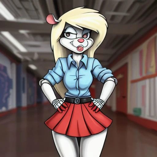 Minerva Mink (Animaniacs), <lora:SxDol-18:1>, SxDol, wide hips, (no pupils), !?, doll_joints, joints, o_o, skirt, tied shirt, best quality, masterpiece, highres