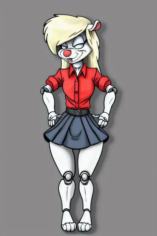 Minerva Mink (Animaniacs), <lora:SxDol-18:1>, SxDol, wide hips, (no pupils), !?, doll_joints, joints, o_o, skirt, tied shirt, best quality, masterpiece, highres