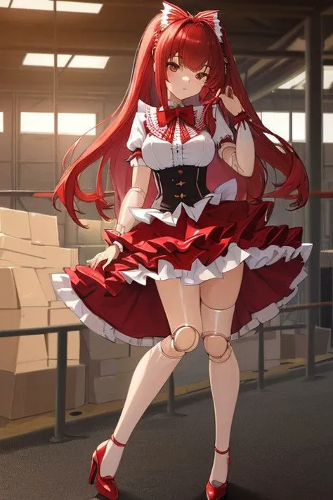 ((masterpiece, best quality, high res, 4k)) beautiful face, detailed face, ultra-detailed, warehouse, (SxDol, wide hips, (no pupils), !?, doll_joints, joints) 1 girl, full body, solo, Emma Barnes from web serial Worm, (red hair), brown eyes, (red frilly magical girl dress, layered skirt, showgirl skirt, high heels), massive breasts,