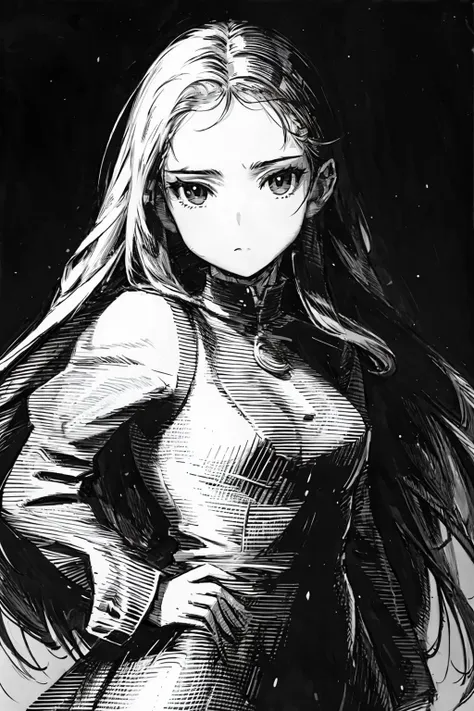 penink,masterpiece, best quality,1girl,standing, long hair,cold face, upper body,portrait, (front),monochrome, greyscale,