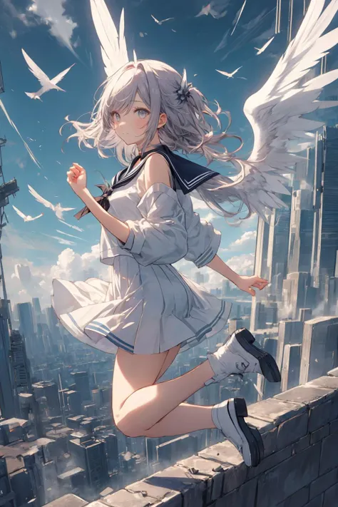1girl, choker, city ruins, cityscape, closed mouth, flying girl,sailor suit, side shot, jumping,sky,cloud,wings,
<lora:flying_girl:0.4>